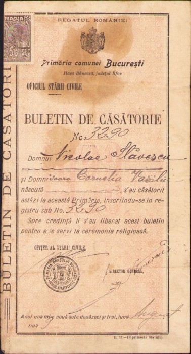 A1047 Buletin de căsătorie, 1923, București
