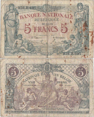 1919 (30 XII), 5 francs (P-75c) - Belgia foto