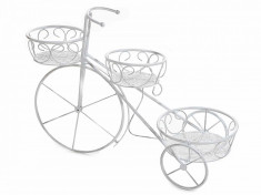 Suport flori fier forjat alb patinat tip bicicleta 3 ghivece cm 66,5 x 24 x 46 H foto