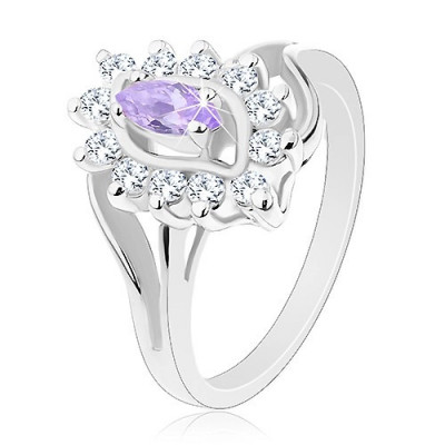 Inel de culoare argintie, braţe despicate, formă de bob violet, margine transparentă - Marime inel: 54 foto