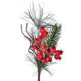 Ramură Decorativă Crăciun, 22 cm, Frunze Verzi, Fructe Roșii, Plastic