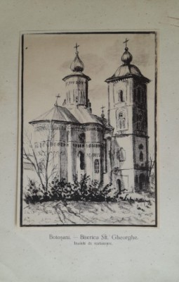 Litografie interbelică 10 lipită pe carton / M. Olinescu / BOTOSANI Sf Gheorghe foto