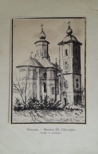 Litografie interbelică 10 lipită pe carton / M. Olinescu / BOTOSANI Sf Gheorghe