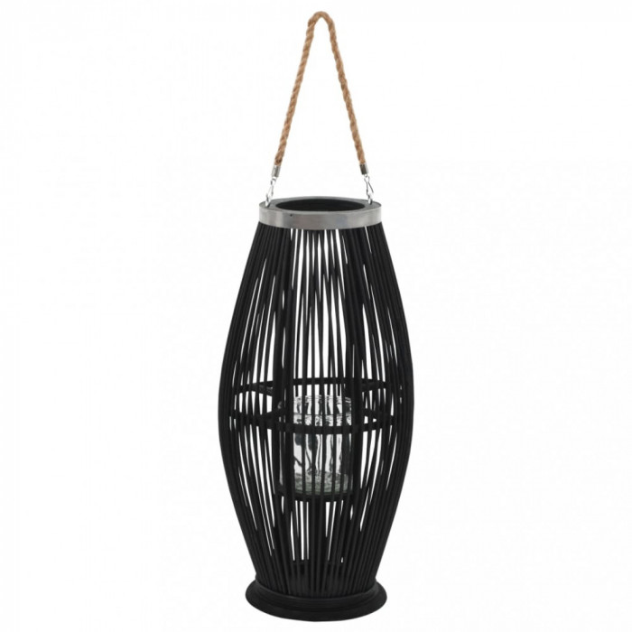 Suport de lum&acirc;nări suspendat tip felinar, negru, 60 cm, bambus