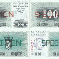 2x 1992 ( 1 VII ) , 100 dinara ( P-13s ) - Bosnia și Herțegovina - stare UNC