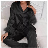 Set Pijama de Dama 2 Piese din Satin cu Puf Negru