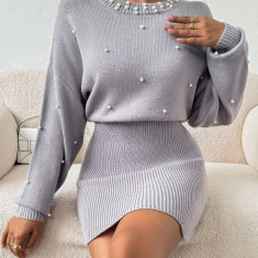 Rochie mini cu model tricotat, aplicatii margele, gri, dama