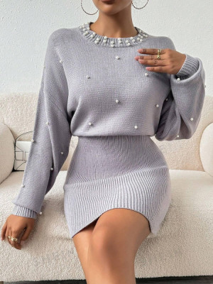 Rochie mini cu model tricotat, aplicatii margele, gri, dama foto