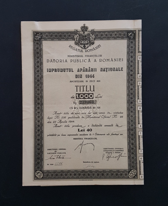 Titlu 1000 lei 1944 , imprumutul apararii nationale , actiuni