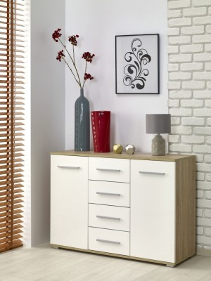 Comoda dormitor HM Lima KM4, Pal Melaminat, 2 usi, 4 sertare, cant ABS, stejar alb foto