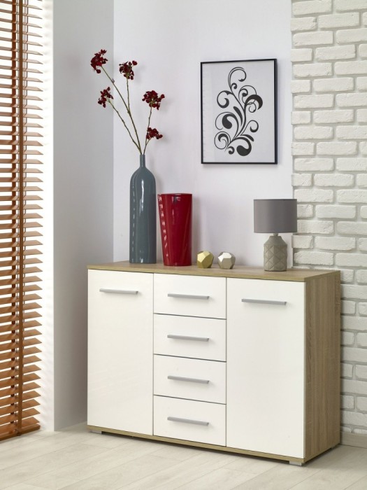 Comoda dormitor HM Lima KM4, Pal Melaminat, 2 usi, 4 sertare, cant ABS, stejar alb