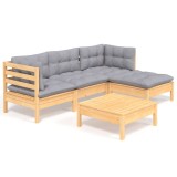 Set mobilier gradina cu perne gri, 5 piese, lemn masiv de pin
