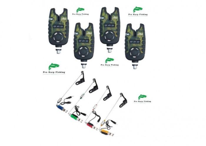 set 4 senzori/avertizori pescuit cu 4 swingere cu led baterii incluse