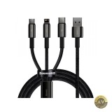 Cablu Incarcare USB-A - Lightning / microUSB / USB-C Baseus Tungsten Gold 3in1 18W 1.5m Negru CAMLTWJ-01