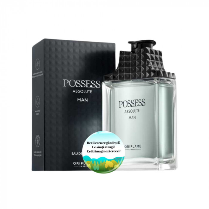 Set complet pentru El, Apa de parfum pentru barbati Possess Absolute Man 75 ml, insotit de insigna Dactylion cu mesaj motivational