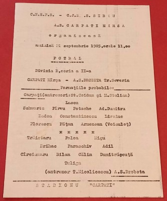 Program meci fotbal AS &amp;quot;CARPATI&amp;quot; MIRSA-AS DROBETA TURNU SEVERIN(22.09.1985) foto