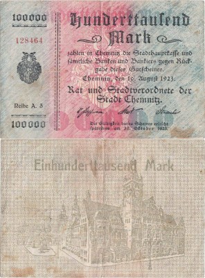 1923 (10 August), 100.000 Mark (Keller 740d.1) - Chemnitz (Saxonia, Germania) foto