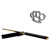 Cumpara ieftin Set Autoaparare: Baston Telescopic Auriu 65cm + Box Argintiu 1cm - Metalic, Husa Curea, Compact 20cm