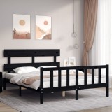 Cadru de pat cu tăblie, negru, king size, lemn masiv