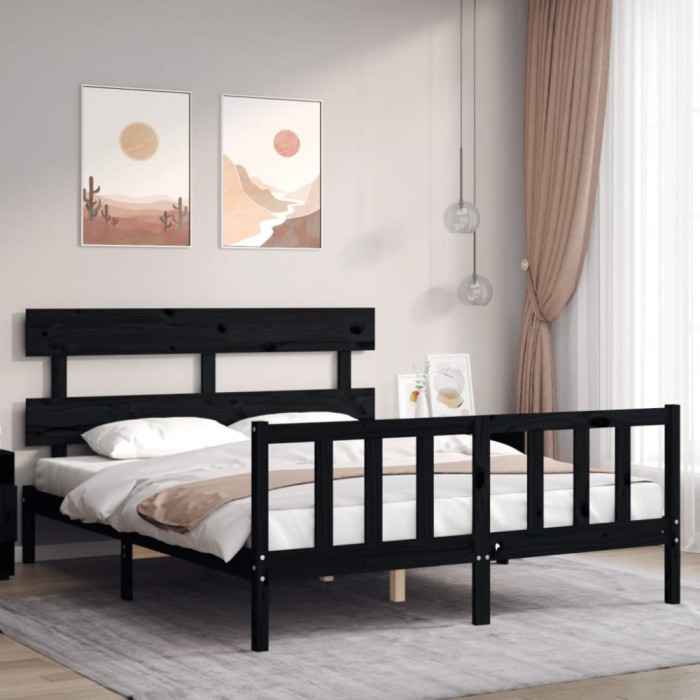 Cadru de pat cu tăblie, negru, king size, lemn masiv