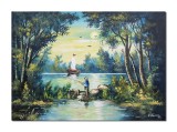 Cumpara ieftin Tablou cu pescar norocos pictat manual in ulei pe panza, Calmitate, 70x50cm, Constantin Feraru