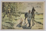 SOLDAT SI FEMEIE IN PORT POPULAR IN FATA UNEI TROITE , ALEGORIE CU CITAT DIN M.S. REGINA MARIA , CARTE POSTALA , GRAFICA COLOR , 1927