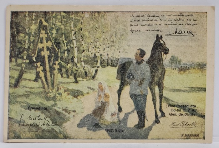 SOLDAT SI FEMEIE IN PORT POPULAR IN FATA UNEI TROITE , ALEGORIE CU CITAT DIN M.S. REGINA MARIA , CARTE POSTALA , GRAFICA COLOR , 1927