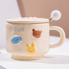 Cana ceramica, Cyrax, din Portelan, print Figurine Animalute, Cana penru Copii, Model CUTE, Cana cu Lingura si Capac, Ceasca pentru Cafea, Ceai, 400ml