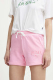 Puma pantaloni scurti SQUAD femei, culoarea roz, cu imprimeu, high waist, 678704