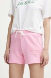 Puma pantaloni scurti SQUAD femei, culoarea roz, cu imprimeu, high waist, 678704