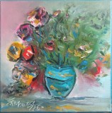 Pictură originală ulei pe p&acirc;nză &bdquo;Buchet de trandafiri &icirc;ntr-o vază turcoaz&rdquo; 20x20 cm, pe șasiu. Certificat cu semnătura și ștampila artistului