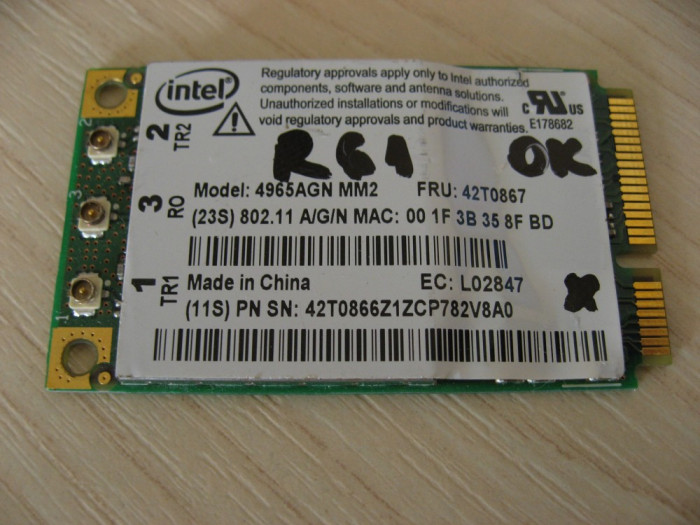 Placa wireless laptop Lenovo ThinkPad R61, Intel 4965AGN MM2, 42T0867, L02847