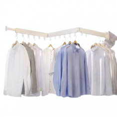 Suport pentru umerase, haine, pentru spatiu organziat, deosebit de rezistent, rotatie 360°, usor de montat, pliabil, 3 segmente, 124 cm, aluminiu, alb
