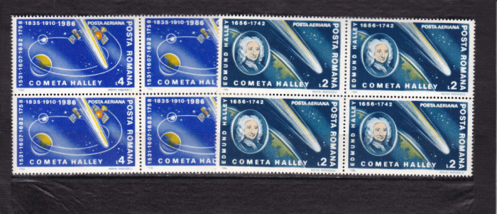 ROMANIA 1986 LP 1149 INTOARCEREA COMETEI HALLEY BLOCURI DE 4 TIMBRE MNH