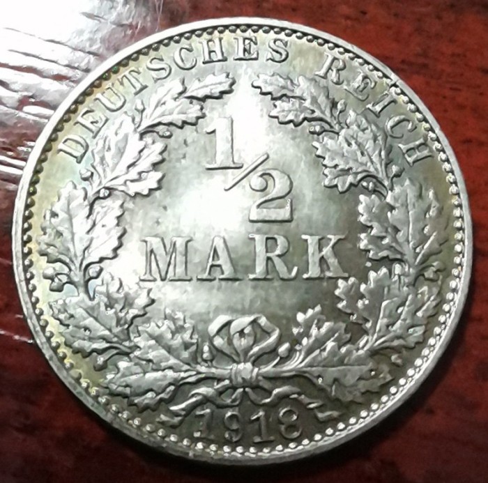 SV * Germania / Imp.German 1/2 DEUTSCHES REICH MARK 1918 * AUNC+ Luciu in Tonuri