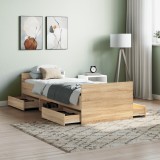 Pat Gossi cu Tablie Stejar Sonoma 75x190 cm, Sertare Depozitare, Cadru Lemn Masiv, Lamele Placaj