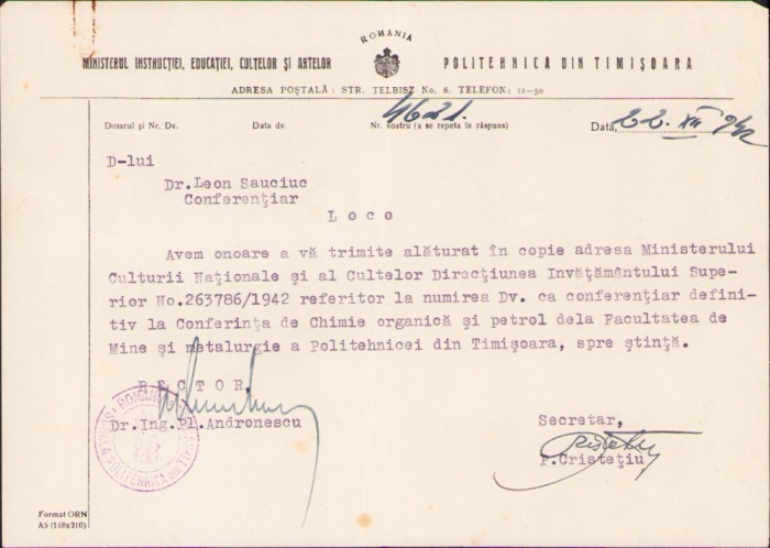 HST A374 Lot 8 acte 1929-1946 profesor ing Leon Sauciuc Politehnica Timișoara