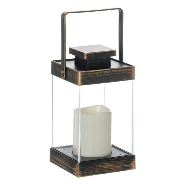 Felinar decorativ, cu lumanare LED, lumina calda, cu maner, 10x10x19 cm, culoarea bronzului