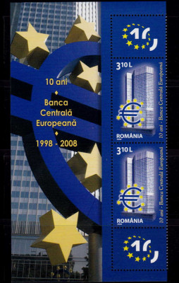 RO 2008 LP 1804 &amp;quot;10 ani - Banca Centrala Europeana&amp;quot; , pereche vert.+manseta ,MNH foto