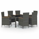 Cumpara ieftin Set mobilier exterior cu perne, 7 piese, negru/gri, poliratan