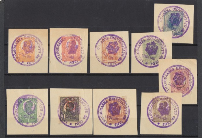 ROMANIA 1920 lot 10 timbre obliterate pe fragmente cu stampila speciala Inaugurarea Universitatii din Cluj