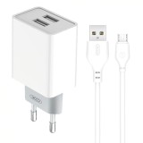 Incarcator Retea Cu Cablu microUSB XO Design L65, 12W, 2.4A, 2 x USB-A, Alb