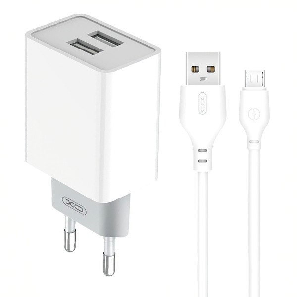 Incarcator Retea Cu Cablu microUSB XO Design L65, 12W, 2.4A, 2 x USB-A, Alb