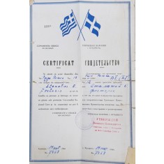CERTIFICAT ELIBERAT DE COMUNITATEA GREACA DIN BUCURESTI , PENTRU A OPRI EVENTUALELE RECHIZITII , 19 SEPT . 1944 , PREZINTA EXFOLIERI SI URME DE UZURA