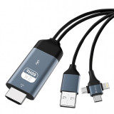 Cablu Audio si Video HDMI la USB / Lightning / USB Type-C / MicroUSB DEVIA Storm 3in1, 2 m, Negru