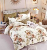 Cumpara ieftin Lenjerie pat dublu,bumbac finet,6 piese,cearceaf cu elastic,crem maro cu flori-A1458