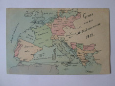 Rara! Carte pos.harta Europa 1912,la Romania scrie:Salutari mediteraneene! foto