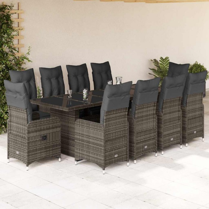 Set bistro de grădină cu perne, 11 piese, gri, poliratan