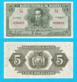 Bolivia (pick 129) 5 Bolivianos 1928 UNC- serie: 022832; &bdquo;El Libertador&rdquo;