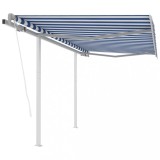 VidaXL Copertină retractabilă automat cu st&acirc;lpi albastru/alb 3,5x2,5 m